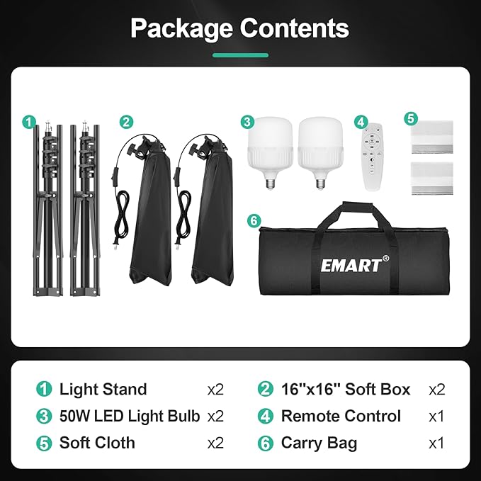 EMART Softbox Photography Lighting Kit, 16"x16" Pull Soft Box, 50W 3000K-6000K LED Bulb with Remote/APP Control, Professional Photoshoot Equipment for Studio Lights, Portrait, Video Recording(2 Pack)