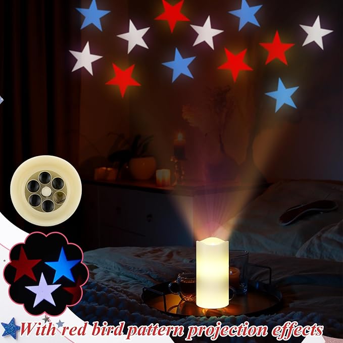 Baquler 4th of July Flameless Candles Patriotic Candles Projector Lights Colorful LED Candle Battery Operated Night Light with Remote and Timer Indoor Bedroom Decor
