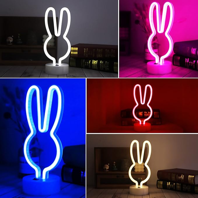 Curyidy Neon Signs Rabbit Spring Lights, East Bunny Marquee Lights with Base Art Decorations Battery/USB Operated Night Lights for Christmas, Halloween, Easter Day Decor (Rabbit-White)
