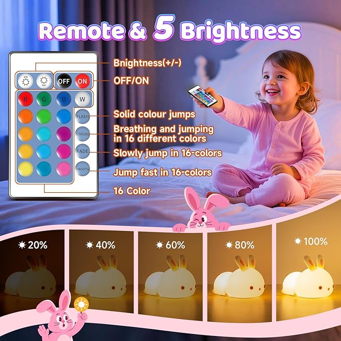 One Fire Easter Bunny Gifts for Kids Night Light with Remote, 16 Colors+5 Brightness Cute Lamp,Easter Bunny Decor/Stuff/Toys for Baby Toddler Soft Silicone Night Light, 1200mAh Portable Bunnies Lamps