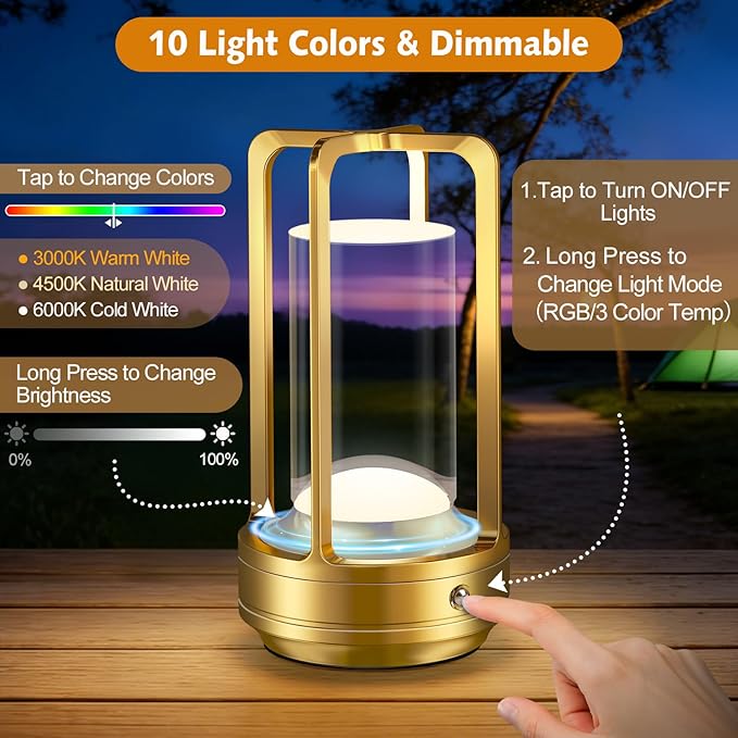 Portable Table Lamp for Outdoor Indoor: Cordless Rechargeable Desk Lamp with 3 Color Stepless Dimmable - Metal Battery Operated Lantern Light for Bedroom/Bar/Coffee Shop/Camping (Gold+RGB)