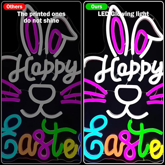 Happy Easter Neon Sign Dimmable Bunny Neon Sign for Wall Decor Led Easter Neon Window Sign, Hanging Neon Light Signs for Party, Bedroom