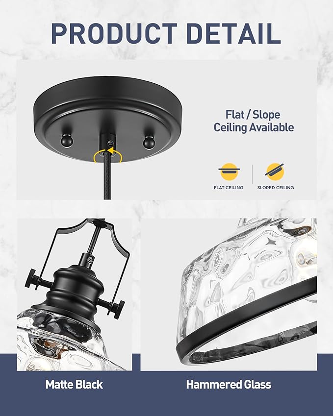 kudos Pendant Lights Kitchen Island, 11" Black Pendant Lights with Clear Hammered Glass Shade, Farmhouse Large Hanging Light Fixture for Kitchen Sink Dining Room, KDPL13-BK-H