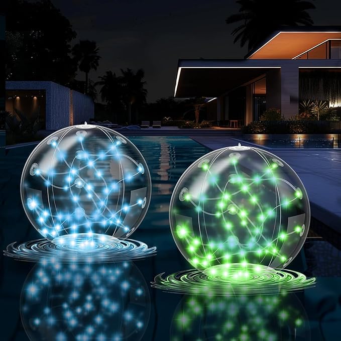 2 Pcs Solar Floating Pool Lights, 60 LED Fairy Lights with Auto On/Off, 2 Lighting Modes Waterproof Outdoor Decor for Garden, Patio, Yard, Pond, Party & Wedding Decorations