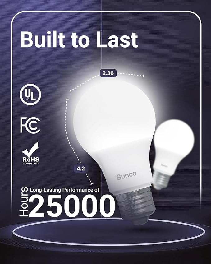 Sunco 120 Pack A19 LED Light Bulbs, [Focos para Casa], E26 Base Lamp Bulb for Bedroom Bathroom, 850 LM, 8W (60W Equivalent), 5000K Daylight, Non-Dimmable, 25000 Lifetime Hours UL