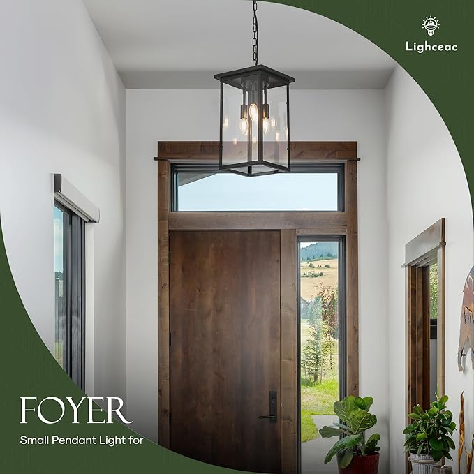 10" Modern 4-Light Exterior Black Square Lantern Pendant Light Fixture with Clear Glass Industrial Hanging Cage Chandelier for Outdoor Porch Kitchen Island Dining Room Hallway Entryway Foyer