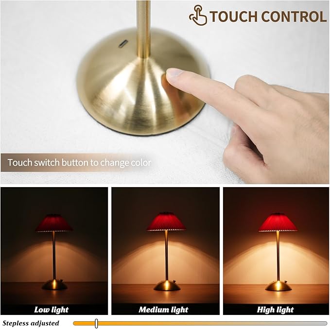 Cordless Table Lamp(D:6.3" x H:12.2"),LED Rechargeable Lamp,Bedside Modern Wireless Lamp for Living Room,Dimmable Touch Lamp with USB Port (Red)