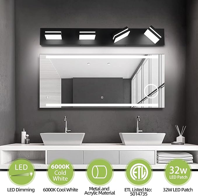 OKELI 4-Light Bathroom Vanity Light Black Modern LED Vanity Light Over Mirror Dimmable Mirror Front Lamp with 350° Adjustable Lamp Head ETL Listed 32W 6000K Cold White