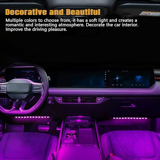 Wuyaoyao Car LED Strip Light, 12V 24 LED Vehicle Interior Atmosphere Lamps with Cigarette Lighter, Auto Under Dash Ambient Night Light, Universal Car Accessories (Pink Purple, Cigarette Lighter)
