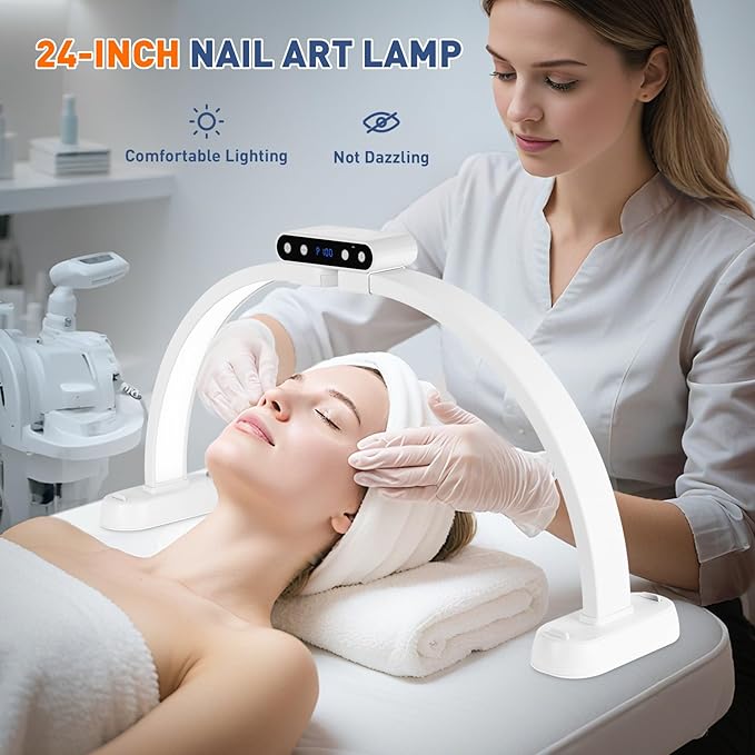 KIRKAS 24inch Large Half Moon Light for Nail Tech, 456 LEDs 3 Color Modes Infinitely Knob Arch Nail Light with Screen and Phone Holder Charging Function, Foldable Lighted Lamp for Manicure,Craft-White