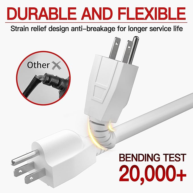 16/3 White Extension Cord 20 FT, Indoor Extension Cord Flexible & Durable, 3 Prong Power Cable, Suitable for Home and Office, 13 Amp 1625 Watt 125VAC 16AWG, ETL Listed