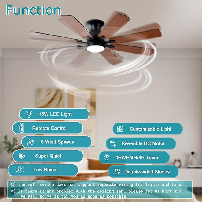 KNUN 52 Inch Ceiling Fan with Light, Low Profile Ceiling Fan with Remote and APP Control, 8 Blades, Noiseless, DC Motor, Flush Mount Ceiling Fans for Bedroom Living Room, Indoor/Outdoor Brown