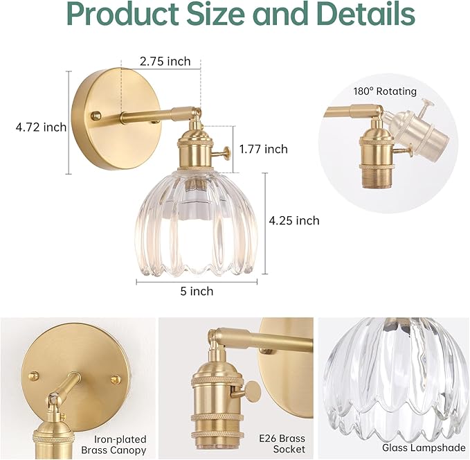 Vintage Battery Operated Wall Sconce with Cute Transparent Tulip Glass Lampshade Wireless Rechargeable Battery Powered Wall Light with Remote Control for Bedside Bedroom Doorway, Set of 2