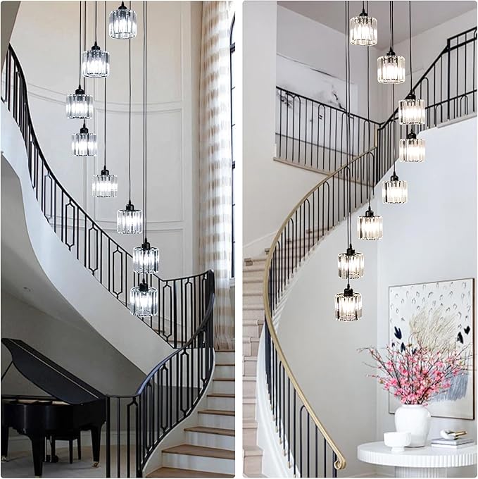 High Ceiling Long Pendant Light Fixtures Modern Crystal Hanging Chandeliers Flush Mount Ceiling Light for Spiral Staircase Entryway Foyer, Black (8-Lights)