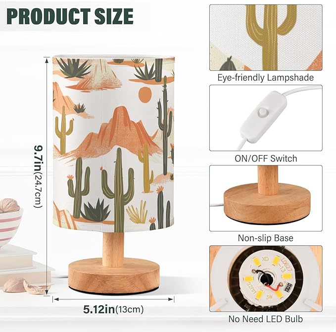 Bedside Table Lamp Western Desert Cactus Mountains Nightstand Lamp with Wood Desk Lamps for Bedroom Living Room Nursery Office Home Decor