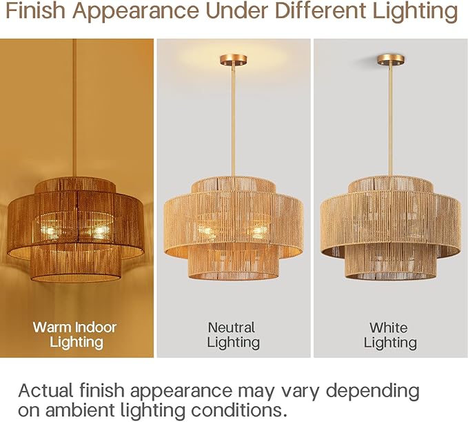 24'' Boho Rattan Chandelier, 4-Light Hand-Woven Wicker Pendant Lamp, Rustic Modern Ceiling Light Fixture for Dining Room, Kitchen Island, Living Room, Bedroom, Foyer, Entryway, Over Table