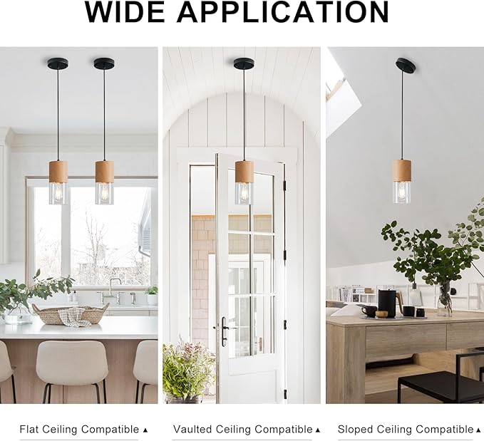 3-Pack Modern Pendant Lights for Kitchen Island, Adjustable Pendant Light Fixtures with Raw Wood Grain, Industrial Clear Glass Pendant Lights for Dining Table Hallway Bedroom Living Room