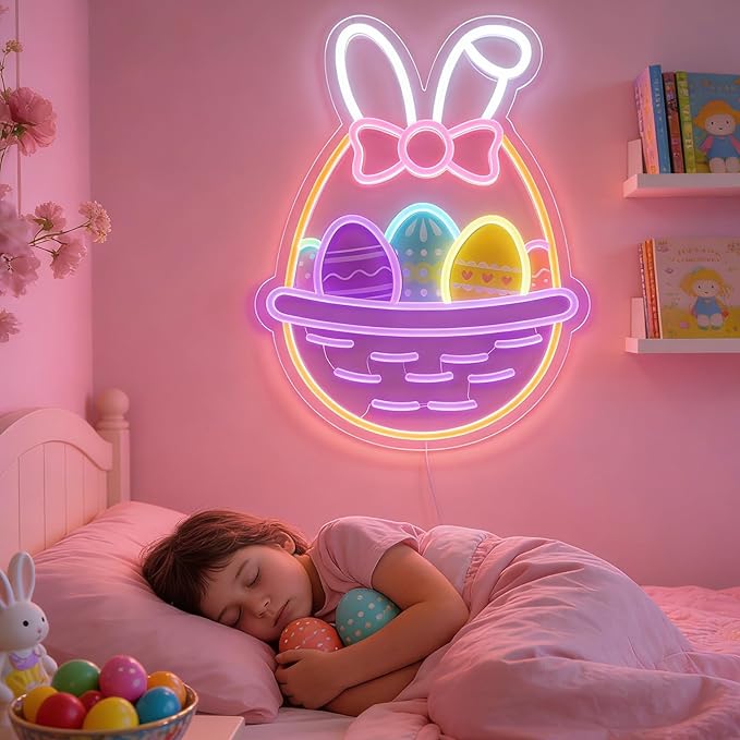 16 In Easter Egg Basket Neon Sign with Bunny Dimmable Bow Egg Basket Led Sign Neon for Wall Decor for Window Party Gifts Bedroom Holiday Spring Bar Home Business Holiday