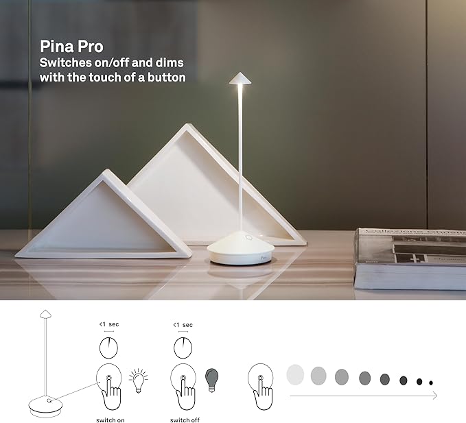 Zafferano, Pina Pro Lamp, Rechargeable Cordless Table Lamp with Touch Controls, Suitable for Indoor and Outdoor, Dimmer, 2200-3000 K, Height 11.4 Inches, White Color