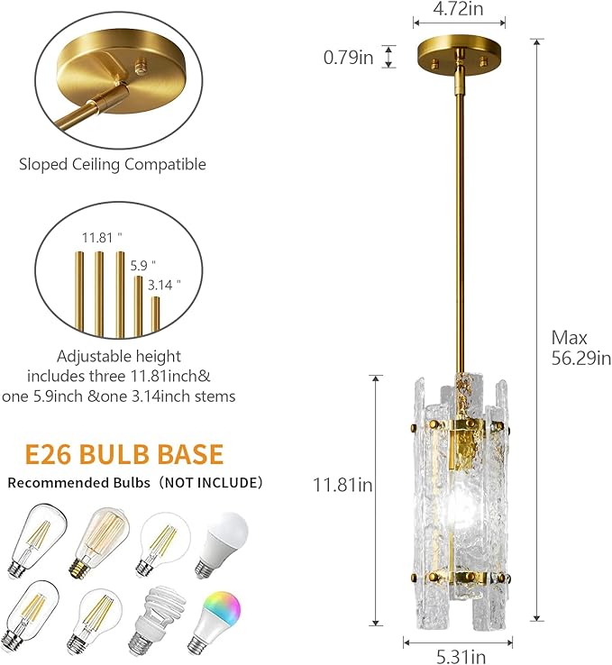 Modern Crystal Pendant Lighting Gold Pendant Lights Mini Glass Chandeliers, Adjustable Pendant Light Fixture for Kitchen Island Bedroom Living Room Dining Room Corridor(3Pack)
