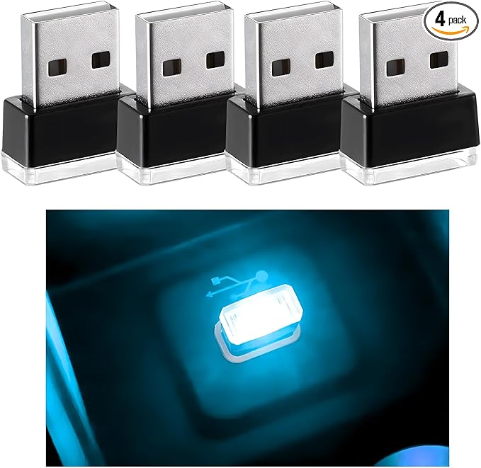 4 PCS USB LED Car Interior Atmosphere Lamp, Mini Night Light Plug-In Trunk Ambient Lighting Kit, Portable USB Interface LED Lamp Interior Decoration for Vehicle Home Office (Ice Blue)