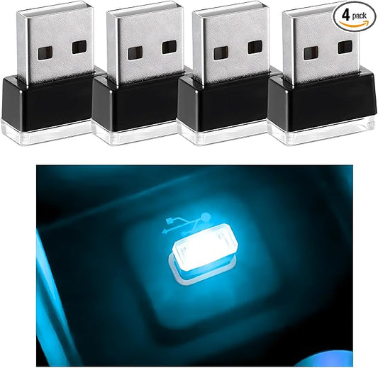 4 PCS USB LED Car Interior Atmosphere Lamp, Mini Night Light Plug-In Trunk Ambient Lighting Kit, Portable USB Interface LED Lamp Interior Decoration for Vehicle Home Office (Ice Blue)