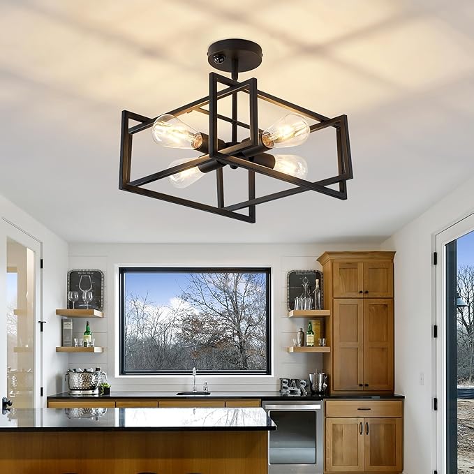ZGLAOJT Motion Sensor Ceiling Light Fixture 4-Lights Semi Flush Mount Ceiling Light Black Industrial Indoor Chandelier for Kitchen Living Room Bedroom Farmhouse Hallway Foyer
