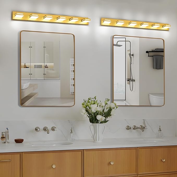 48-Inch 6-Light LED Modern Gold Bathroom Vanity Light Fixtures Over Mirror, Bathroom Lighting Fixtures with Cool White 6000K, Vanity Wall Lights for Bath Restroom Powder Room