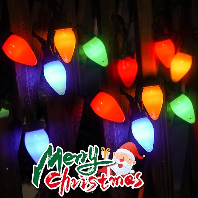 Couah C7 Christmas LED String Lights - 26Ft LED Vintage Multicolor Lights with 50 LED Colorful Bulbs, Outdoor String Lights for Christmas Party Backyard Wedding- Green Wire