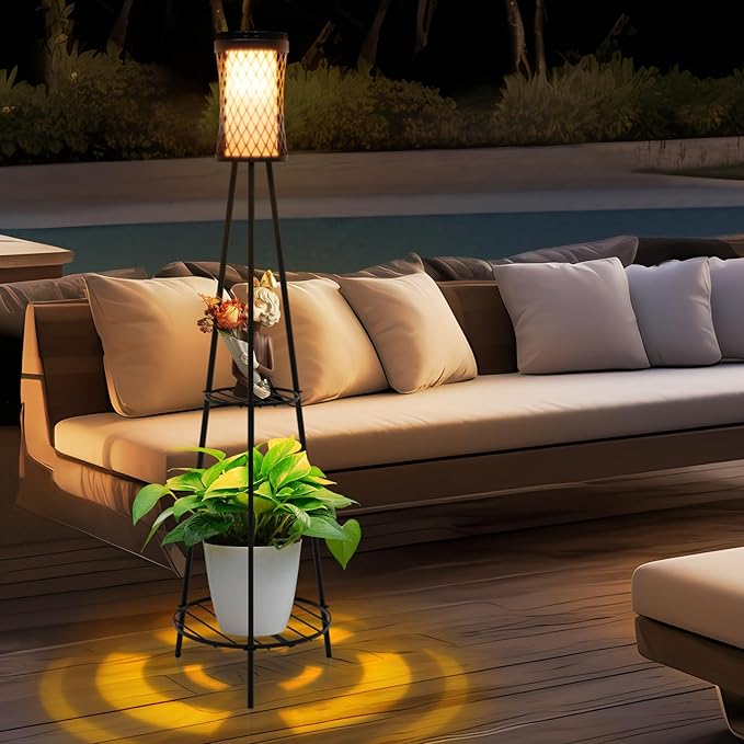 Aialun Solar Floor Lamps Outdoor with USB Charging, 45.67 Inch Tall Double Plant Stand Outside Floor Lamps, Warm & White 3 Modes Standing Decor Lights for Patio, Porch, Deck, Yard, Garden, 1 Pack