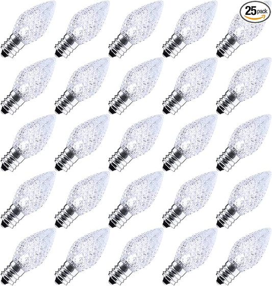 C7 Christmas Light Bulb, C7 Led Replacement Bulbs for Christmas String Lights, 25 Pack Replacement Bulbs for House, Roofline, Christmas Tree, Christmas Holiday Decor, E12 Candelabra Base, Cool White