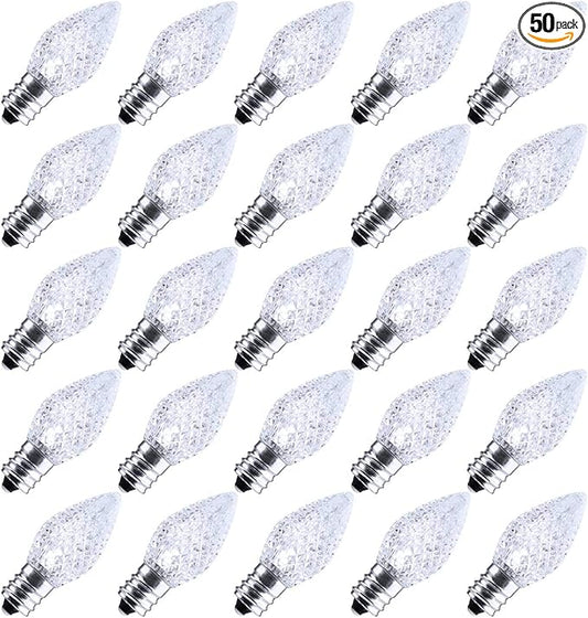 50 Pack C7 Led Replacement Christmas Light Bulb, C7 Shatterproof Led Bulbs for Christmas String Lights, E12 Candelabra Base, Commercial Grade Dimmable Holiday Bulbs, Cool White