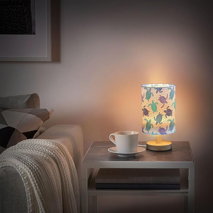 Table Lamp Sea Turtle Ocean Bubble Pattern Marine Animal World Turtles Nightstand Lamp with Wood Base Fabric Lamp Shade Bedside Desk Lamp for Living Room Bedroom Kids Room Office