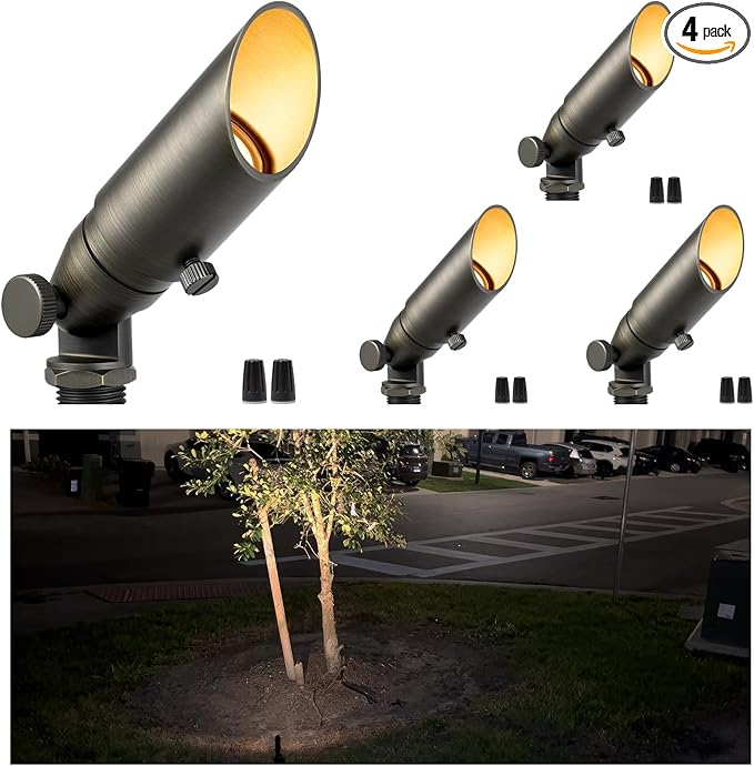 Gardenreet Brass Landscape Lighting - Outdoor Low Voltage Spotlights Wired, MR8 Low Light 12V LED Uplights, Waterproof Spot Lights, Bronze for Outside Shrub Without Bulb (4 Pack)