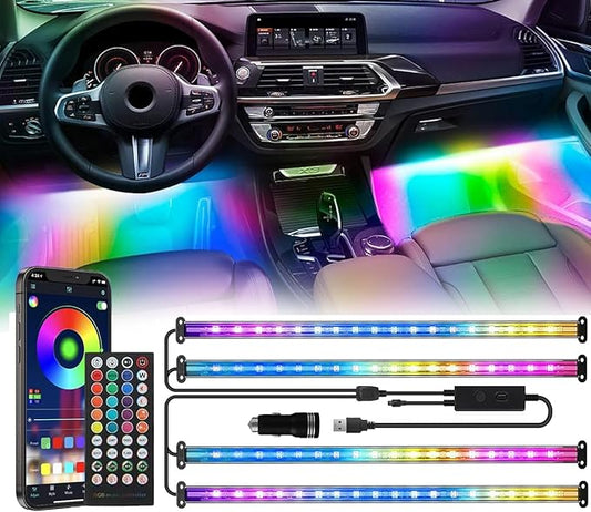 72LED USB Interior Strip Lights Dream Color RGB-IC 12V DC with App RF Remote Control Multicolor Footwell Under Dash Chasing Inside Light Kits Music Sync Mode for Cars Truck ATV UTV with Car Charger