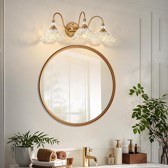 Vintage Bathroom Vanity Light, 3-Light Matte Deep Brass Finish Vanity Light with Flower-Shaped Clear Glass Shades, Retro Wall Sconce for Bathroom