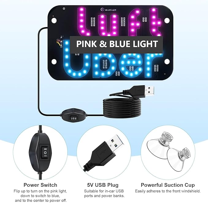 LED Light Sign for Car, Taxi Windshield Light Sign, USB Car LED Display with Suction Cups, Taxi Indicator Lights, USB Plug, Dual-Color Conversion, Improve Night Visibility (TypeB-Blue)