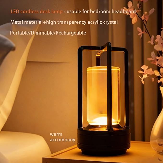 Cordless Table lamp Rechargeable Portable Metal Touch Small Desk Lamp,Indoor/Outdoor Battery Operated LED Night Light,3Color Stepless Dimming Crystal Lantern Suitable bedrooms,Bars,cafes,Camping,Black