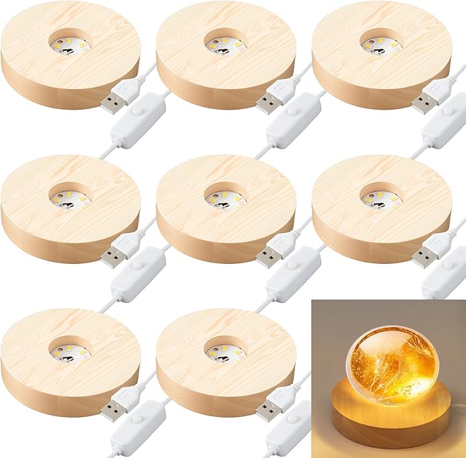 8 Pack Wooden LED Light Display Base with Switch, 3.9” Round Warm Light Stand for Crystal Glass Ball Figurine, USB Powered Lighted Holder for Resin Crafts, Art Decoration