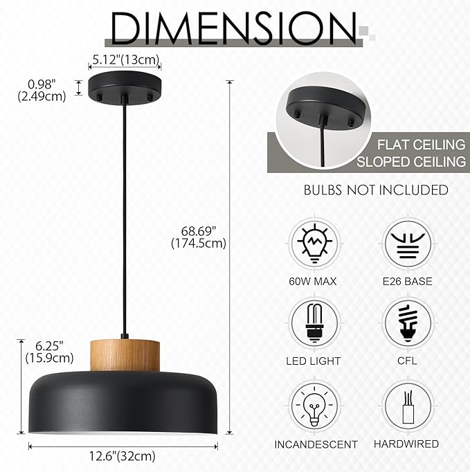 Modern Farmhouse Pendant Lights, 12.6 inch,Natural Wood Cap, Small Simple Ceiling Light Fixture for Kitchen Island, Dining Area, Matte Black