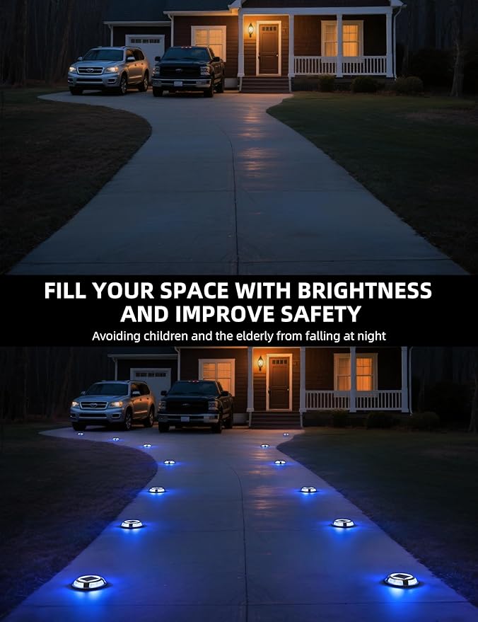 VOLISUN Solar Driveway & Deck Lights 12 Pack Waterproof Dock & Marine Ground Lights,2-in-1 Blue & White LED,Solar Marker for Pathways,Steps,and Warning Signs,Auto On/Off