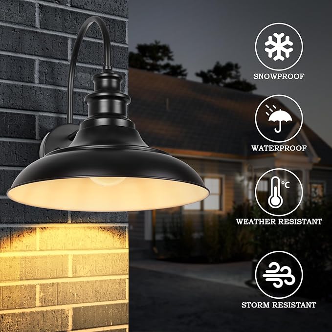 Dusk to Dawn Sensor Outdoor Barn Light Fixtures, 12.3 Inch Dome Farmhouse Outdoor Wall Sconces, Gooseneck Exterior Wall Mount Lights, Industrial Black White Wall Lanterns for Porch, DDRZ004-4 BK+WH