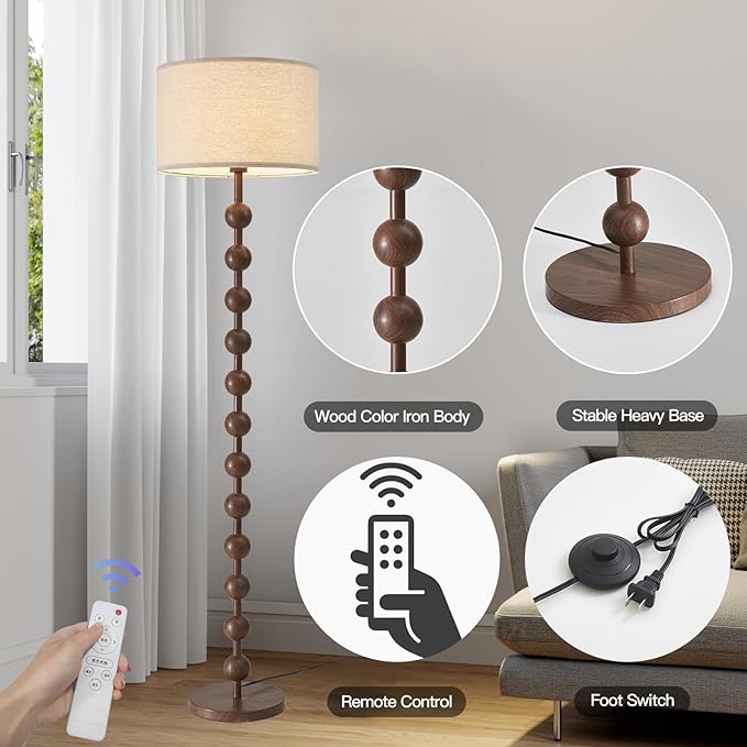 Modern Dimmable Floor Lamp with Remote Control for Living Room Bedroom, Red Wood Pattern Tall Standing Lamp Light for Home Office Dining Room with Fabric Shade