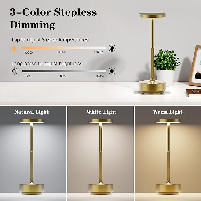 SAKRINGT 2 Pack Rechargeable Cordless Table Lamp - Battery Operated LED Portable Table Light with 3 Color Stepless Dimming, Memory Function - IP54 Waterproof for Outdoor, Restaurant, Patio, Camping