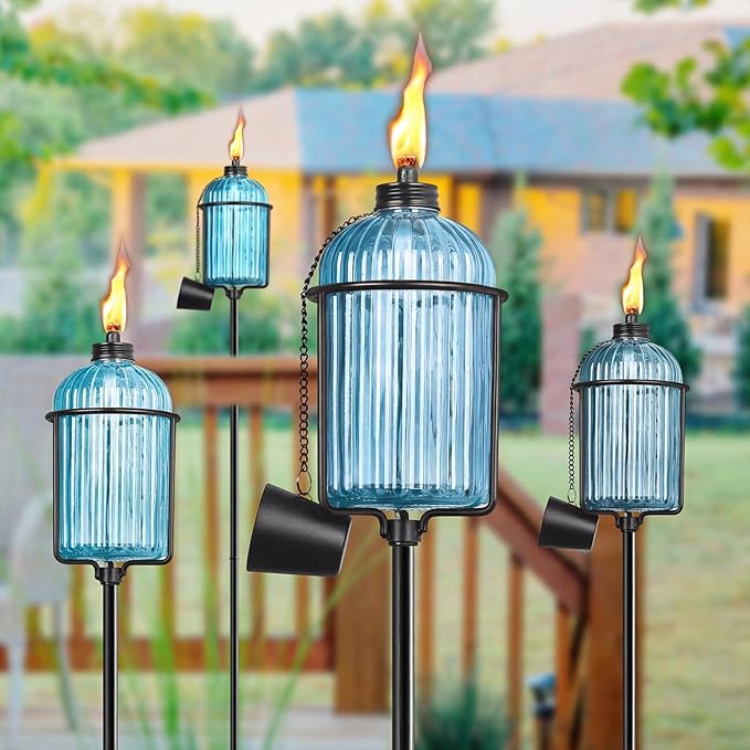 4 Pack Glass Garden Torch , 13.5 oz Blue Outdoor Torch Garden Décor , 61-Inch Upgraded Citronella Torches with 3-Prong Grounded Stake , Metal Light Torches for Party Patio Pathway