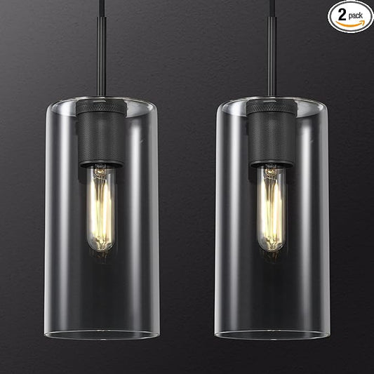 Modern Black Pendant Lights Kitchen Island 2 Pack Glass Pendant Light, 9.5in Farmhouse Clear Glass Cylinder Pendant Light Kitchen Pendant Lighting Over Island for Sink, Bathroom, Bar,Dining