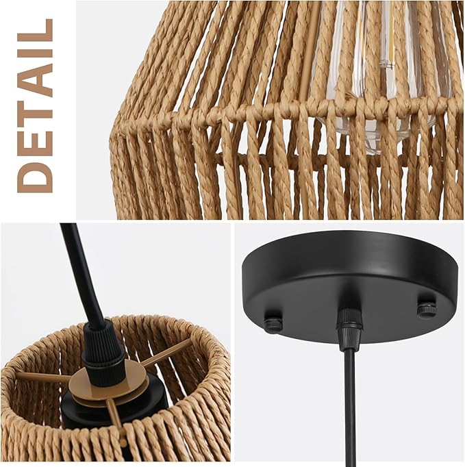 8.7'' Woven Rattan Pendant Lights Kitchen Island 2 Pack, Boho Pendant Light with Handwoven Wicker Shade, Coastal Farmhouse Hanging Light Fixture for Bedroom Dining Room Foyer Bar Hallway