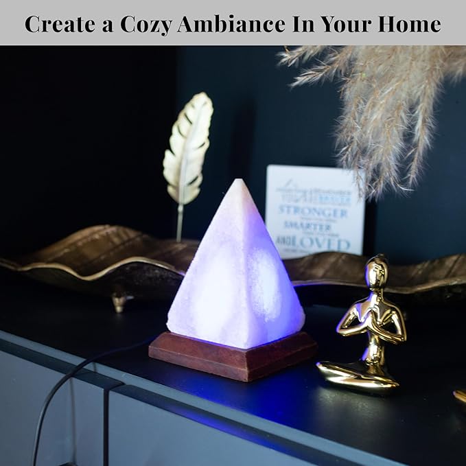 POHS Himalayan USB Mini Salt Lamp, 7 Color Changing LED Bulb, Hand Crafted Crystal Rock Salt Night Light for Home Decor, Desk, and Gift | Premium Quality Wood Base and USB Cable (Pyramid)