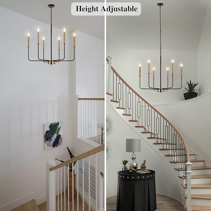 ETONIMERR Modern Farmhouse Chandelier Light Fixture Ceiling Hanging, 6-Light Black and Gold Industrial Chandelier for Dining Room, Rustic Candle Pendant Light for Kitchen Island, Living Room