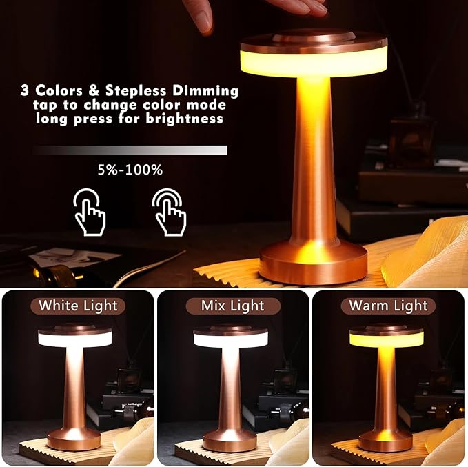 Riakrum 4 Pcs LED Portable Cordless Table Lamp with Touch Sensor 3 Color Stepless Dimming Rechargeable Battery up to 15 Hours Cordless Table Light Wireless Lamp for Nursery (Rose Gold)